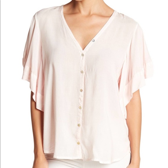 YOUNG FABULOUS & BROKE Women's Pink Russo Button Front Ruffle Sleeve Blouse sz S - Picture 2 of 8